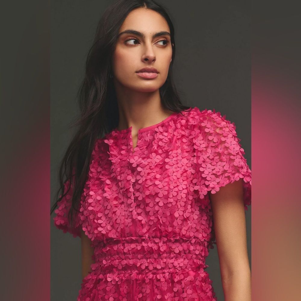 Anthropologie The Somerset Mini Dress Floral Appliqué Edition Pink size L - Picture 3 of 8